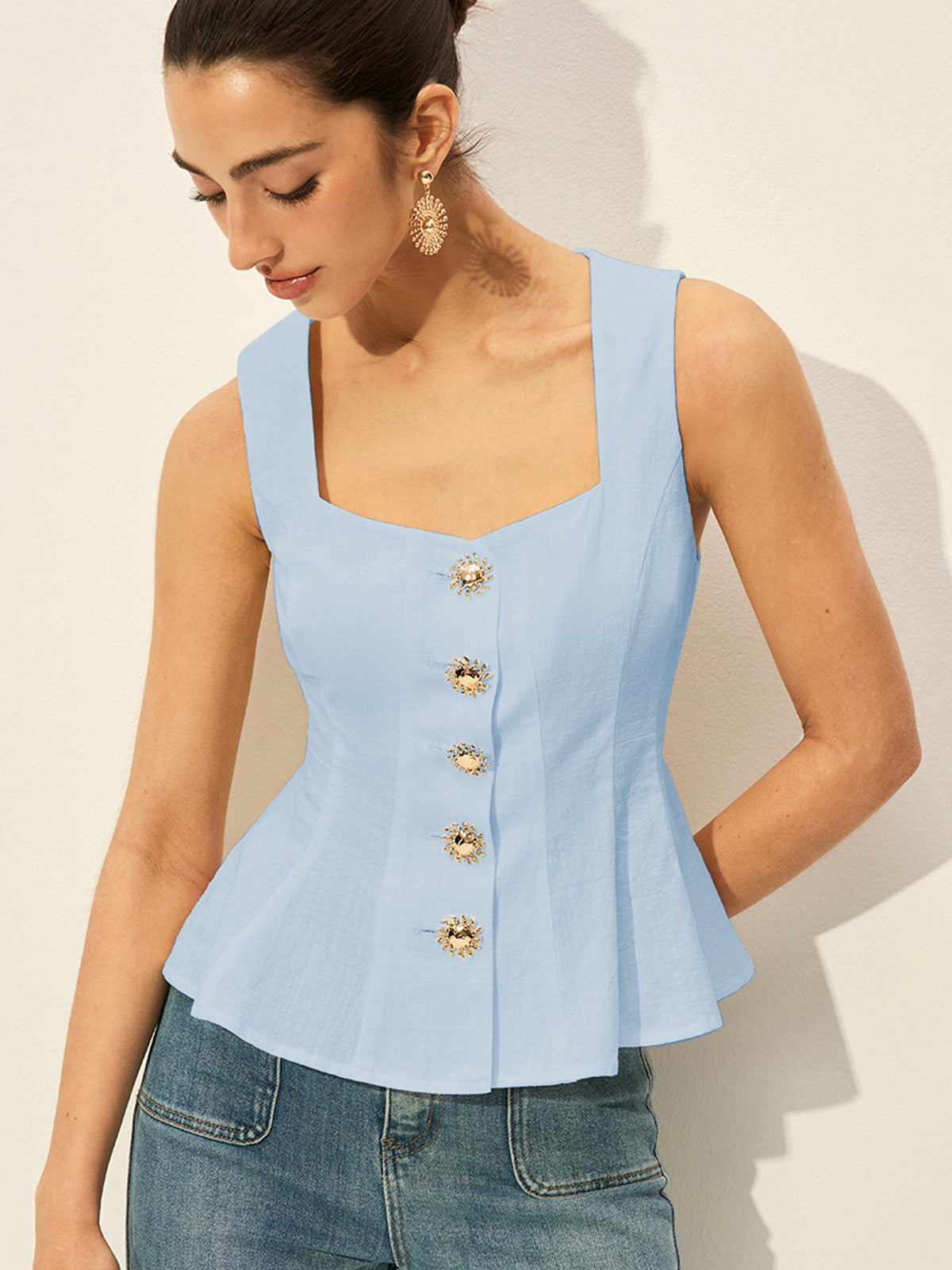 Kare Yakalı Önü Düğmeli Peplum Üst