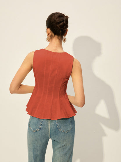 Kare Yakalı Önü Düğmeli Peplum Üst