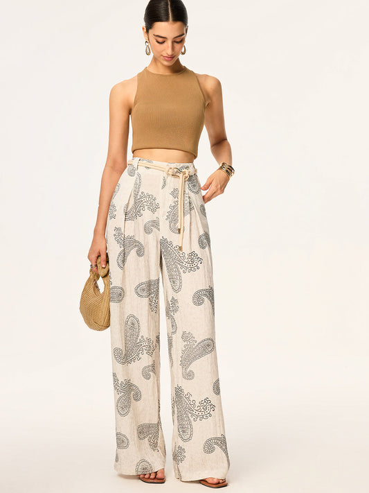 Kemersiz Boho Desenli Geniş Paça Pantolon