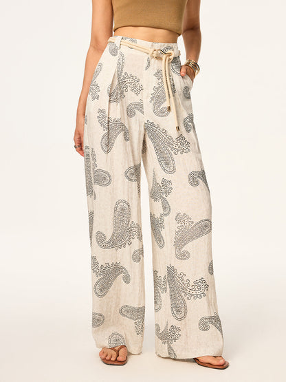 Kemersiz Boho Desenli Geniş Paça Pantolon