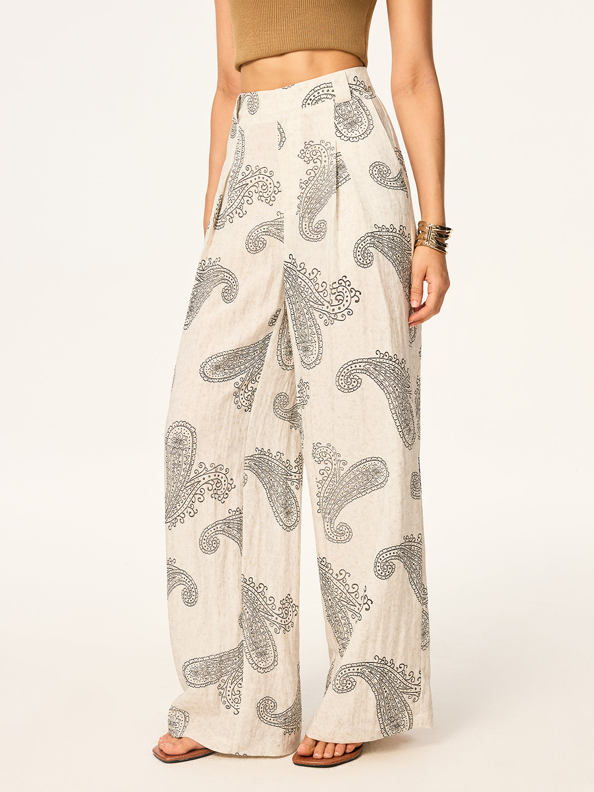 Kemersiz Boho Desenli Geniş Paça Pantolon