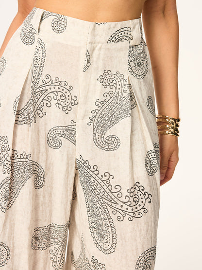 Kemersiz Boho Desenli Geniş Paça Pantolon