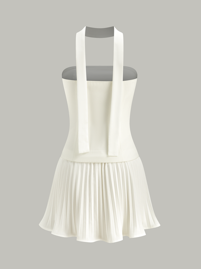 Halter Yaka Straplez Pileli Mini Elbise