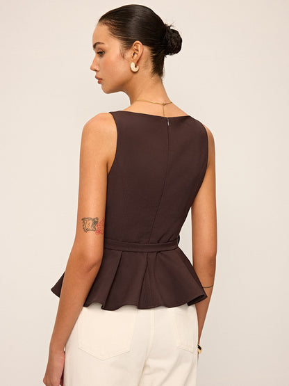 Metal Tokalı Kemerli Kolsuz Peplum Üst