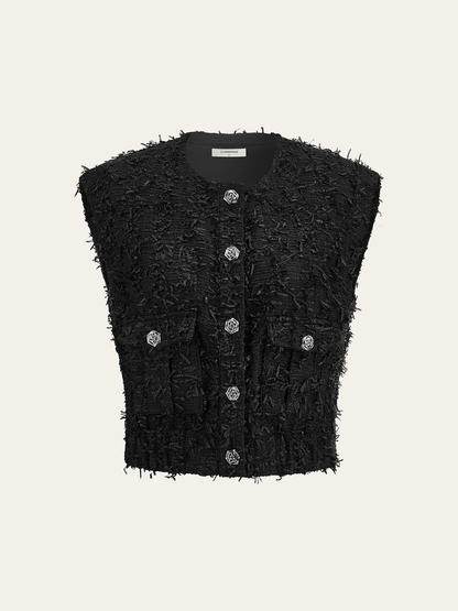 Saçaklı Tweed Düğmeli Kolsuz Yelek
