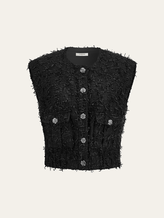 Saçaklı Tweed Düğmeli Kolsuz Yelek