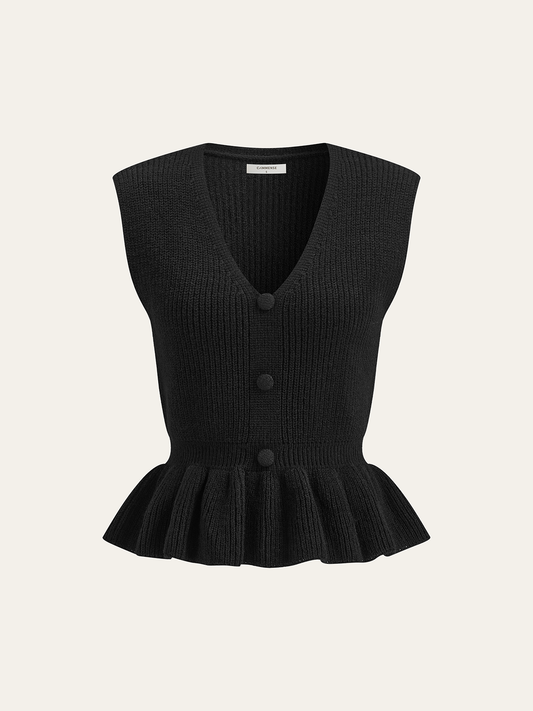 Düğmeli V Yaka Örgü Peplum Yelek
