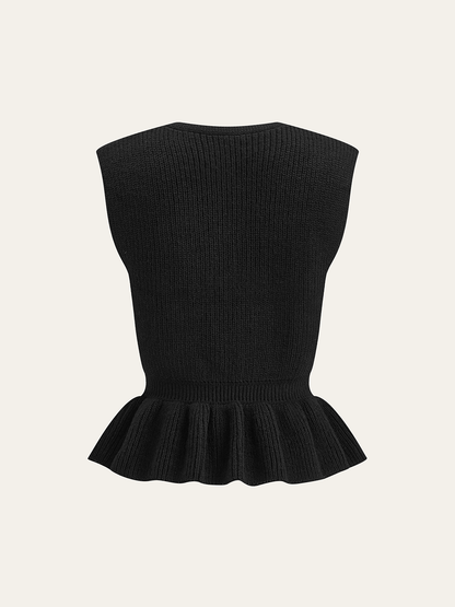 Düğmeli V Yaka Örgü Peplum Yelek
