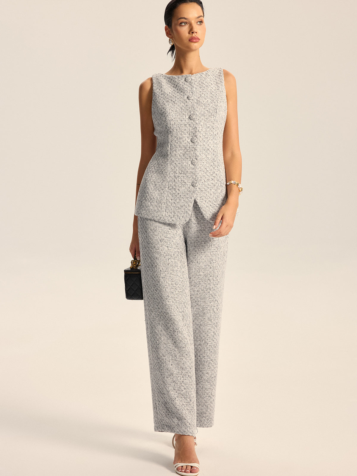 Dokulu Tweed Düğmeli Yelek