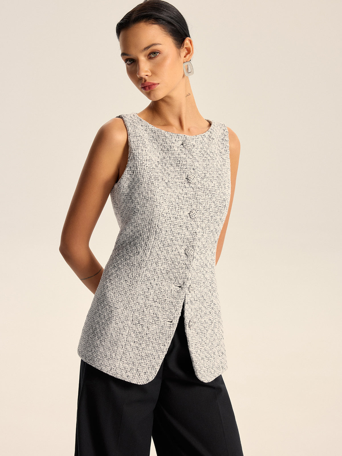 Dokulu Tweed Düğmeli Yelek