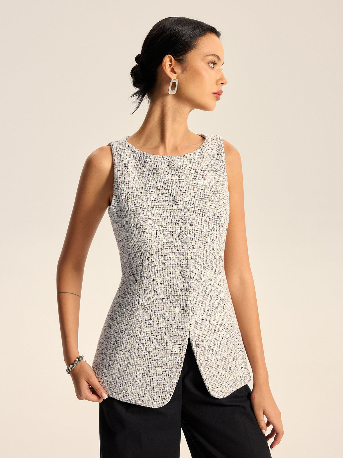 Dokulu Tweed Düğmeli Yelek