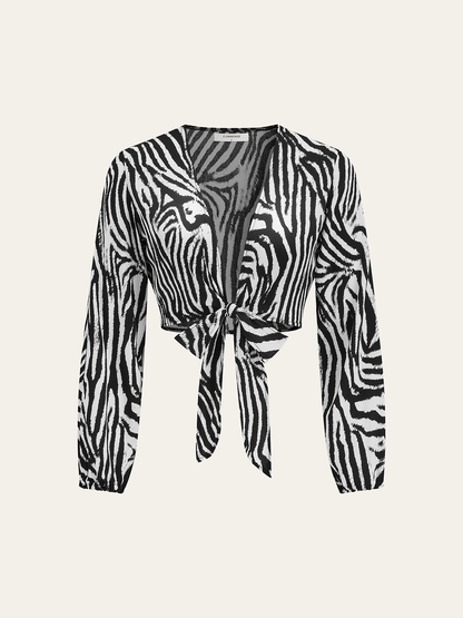 Zebra Desenli Önden Bağlamalı Üst