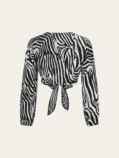 Zebra Desenli Önden Bağlamalı Üst