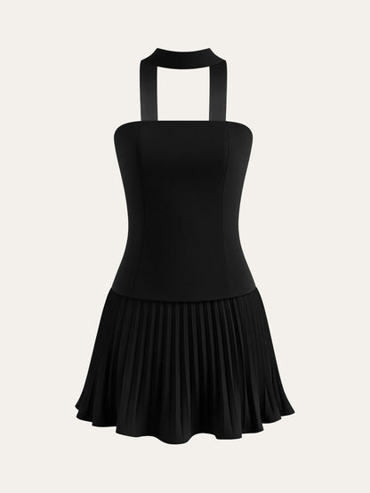 Halter Yaka Straplez Pileli Mini Elbise