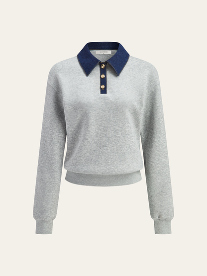 Kot Yaka Metal Düğmeli Polo Sweatshirt