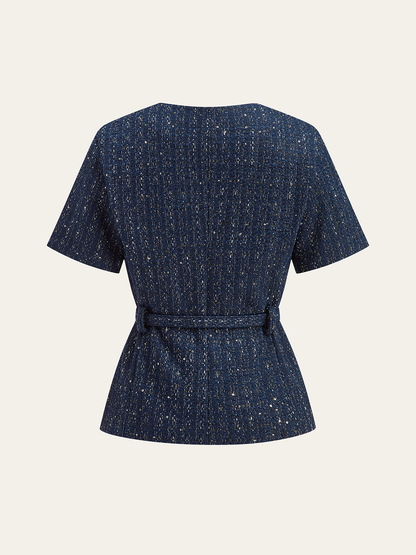 Kemerli Tweed Kısa Kollu Blazer