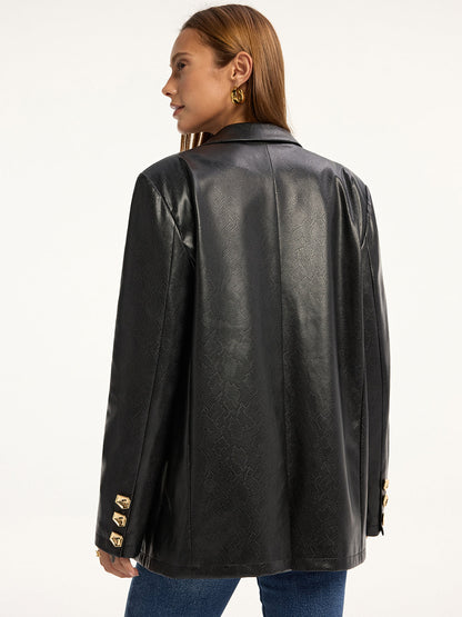 Yılan Desenli Metal Düğmeli PU Deri Blazer