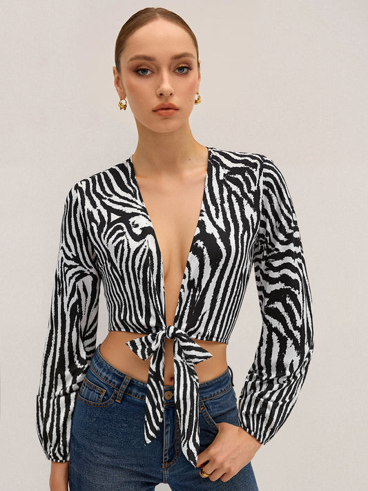 Zebra Desenli Önden Bağlamalı Üst