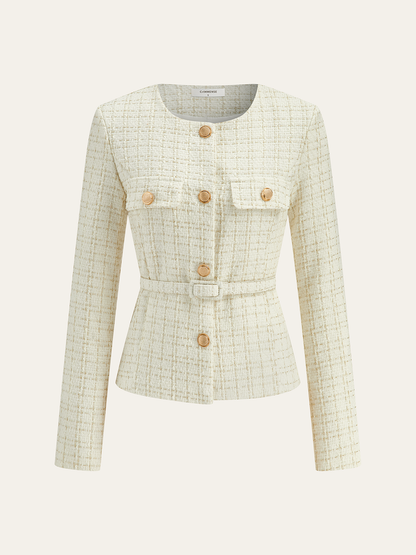 Metal Düğmeli Tweed Kemerli Blazer
