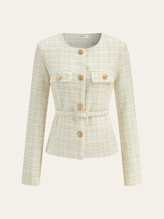 Metal Düğmeli Tweed Kemerli Blazer