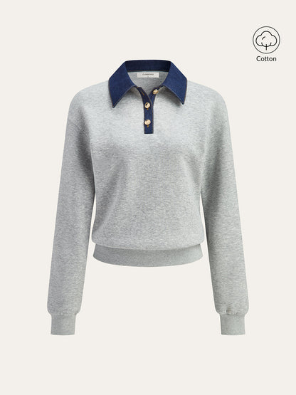 Kot Yaka Metal Düğmeli Polo Sweatshirt
