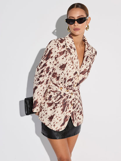 İnek Desenli Kemerli Blazer