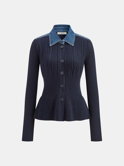 Kot Yaka Örgülü Düğmeli Peplum Hırka