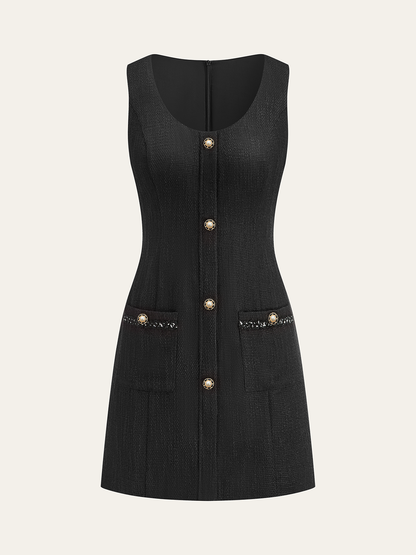 Tweed Kolsuz Düğmeli Mini Elbise