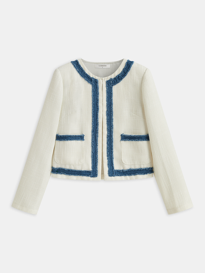 Tweed Kontrast Kesim Yuvarlak Yaka Blazer