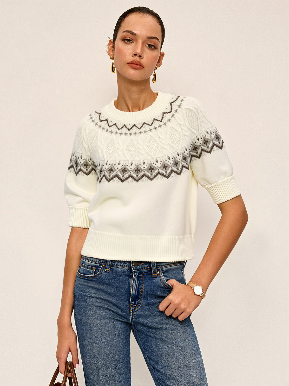 Fair Isle Desenli Kısa Kollu Örgü Üst