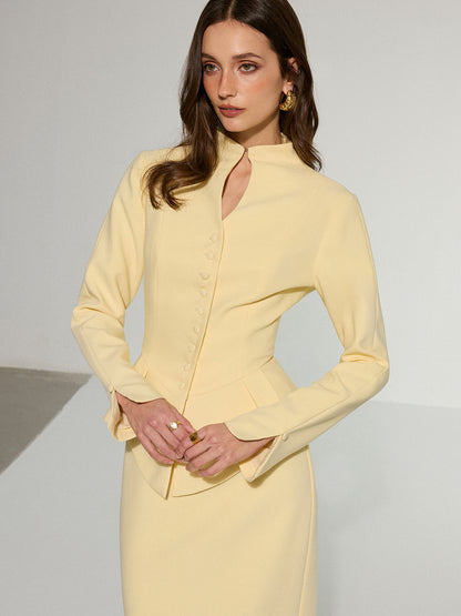 Anahtar Deliği Yakalı Önü Düğmeli Peplum Blazer