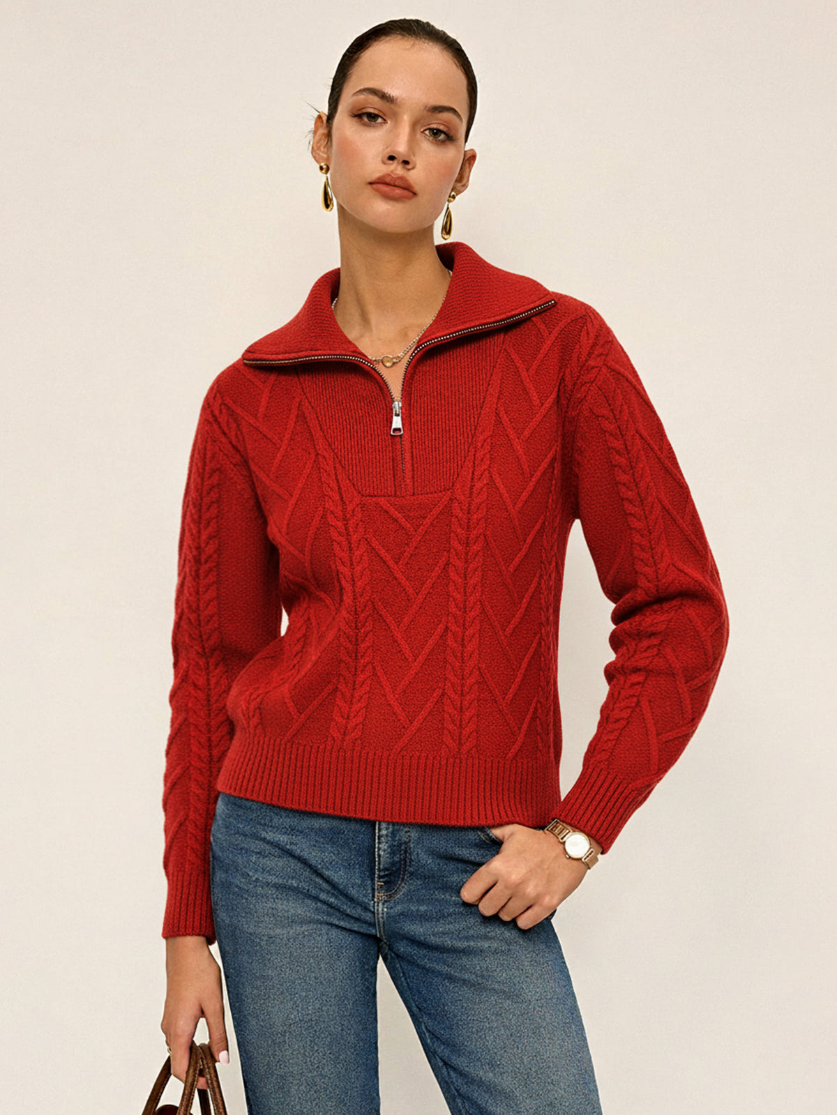 Yarım Fermuarlı Yün Karışımlı Örgü Üst