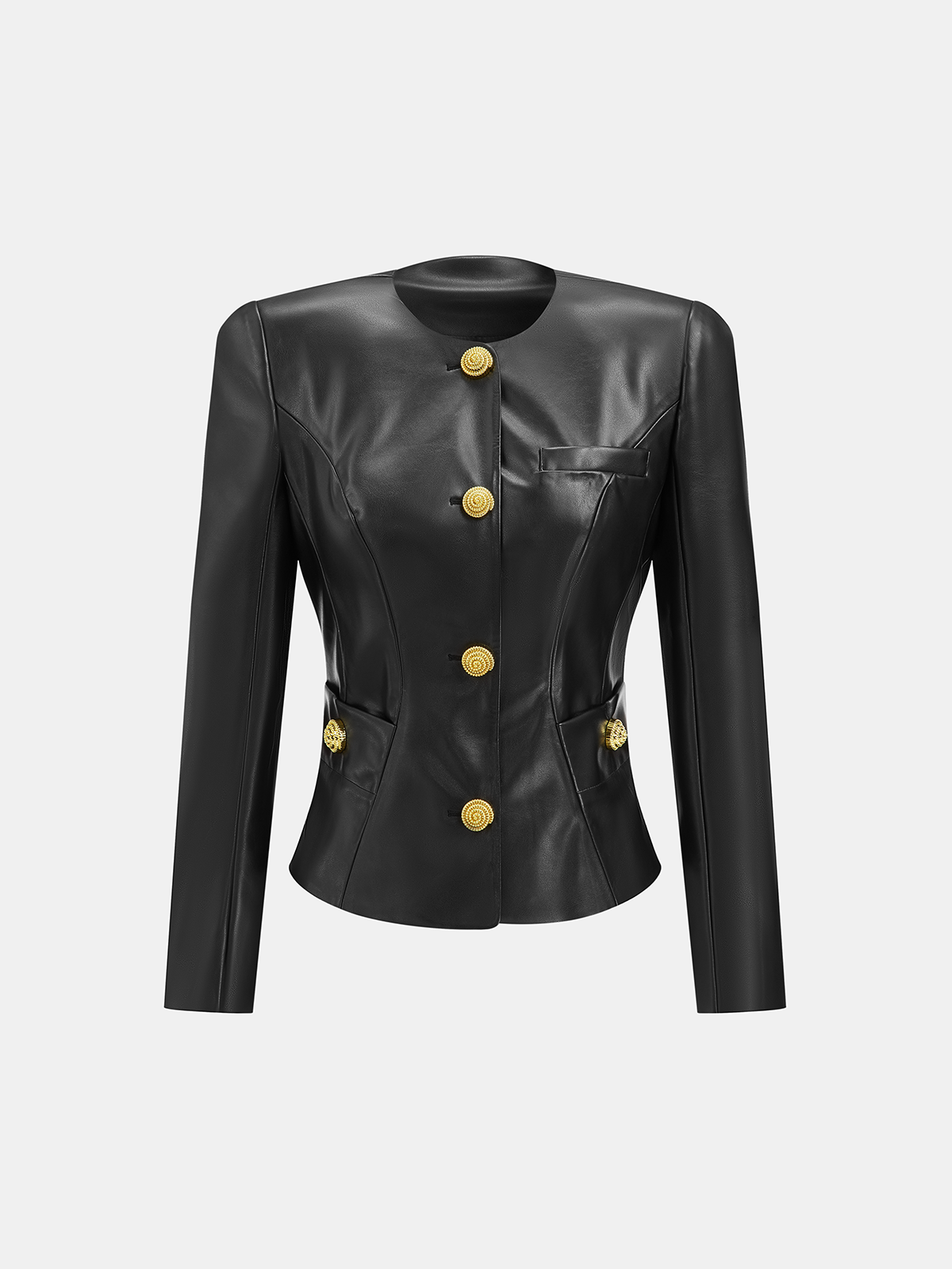 Suni Deri Yuvarlak Yaka Metal Düğmeli Dar Blazer
