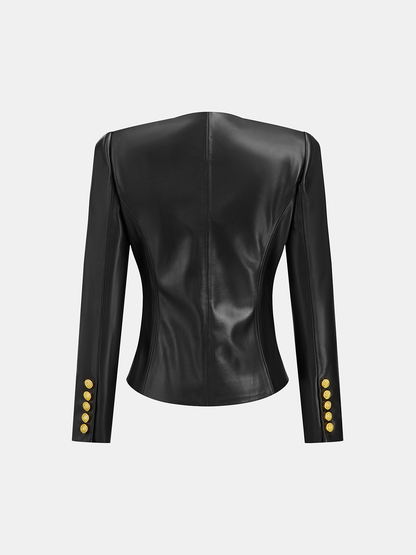 Suni Deri Yuvarlak Yaka Metal Düğmeli Dar Blazer