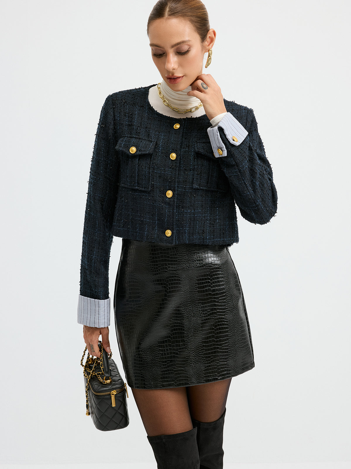 Tweed Manşetli Kollu Kısa Yün Karışımlı Ceket