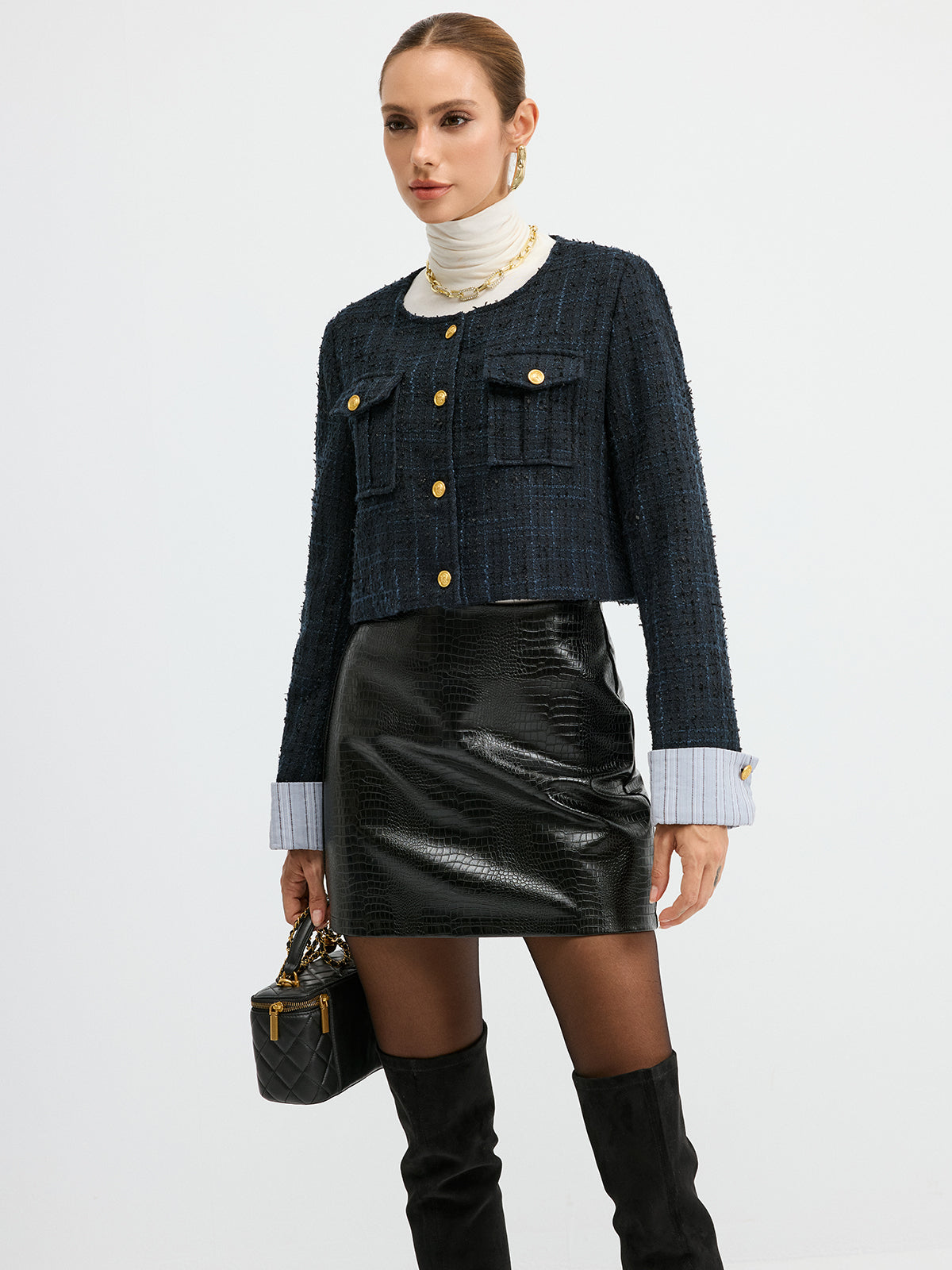 Tweed Manşetli Kollu Kısa Yün Karışımlı Ceket