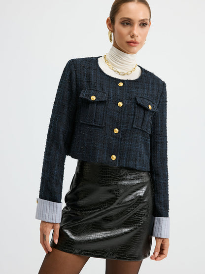 Tweed Manşetli Kollu Kısa Yün Karışımlı Ceket