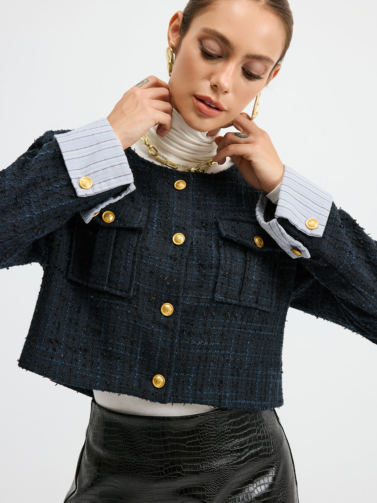 Tweed Manşetli Kollu Kısa Yün Karışımlı Ceket