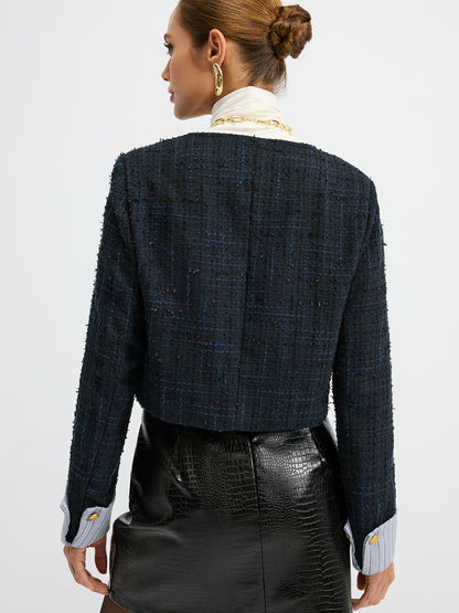 Tweed Manşetli Kollu Kısa Yün Karışımlı Ceket