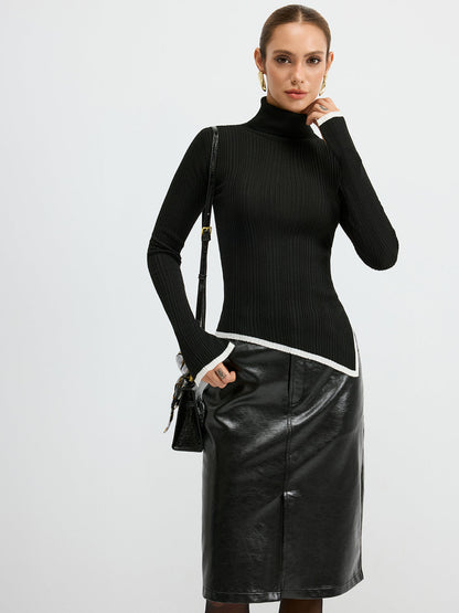 Turtleneck Kontrast Kesim Yırtmaçlı Yün Karışımlı Örgü Üst