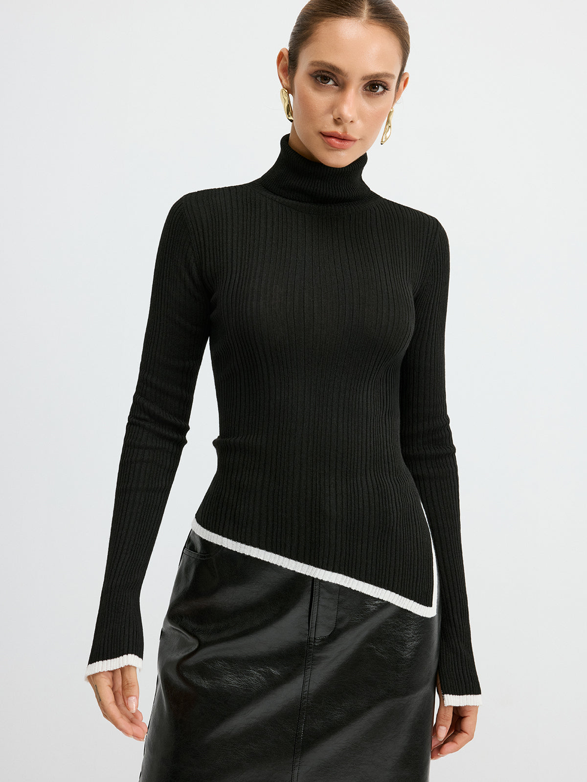 Turtleneck Kontrast Kesim Yırtmaçlı Yün Karışımlı Örgü Üst
