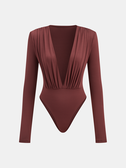 Kutu Omuzlu Drapeli Derin Yaka Bodysuit