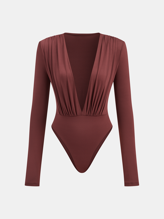 Kutu Omuzlu Drapeli Derin Yaka Bodysuit