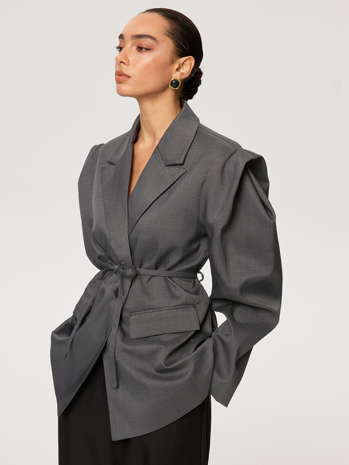 Bağcıklı Kemerli Kabarık Kollu Blazer