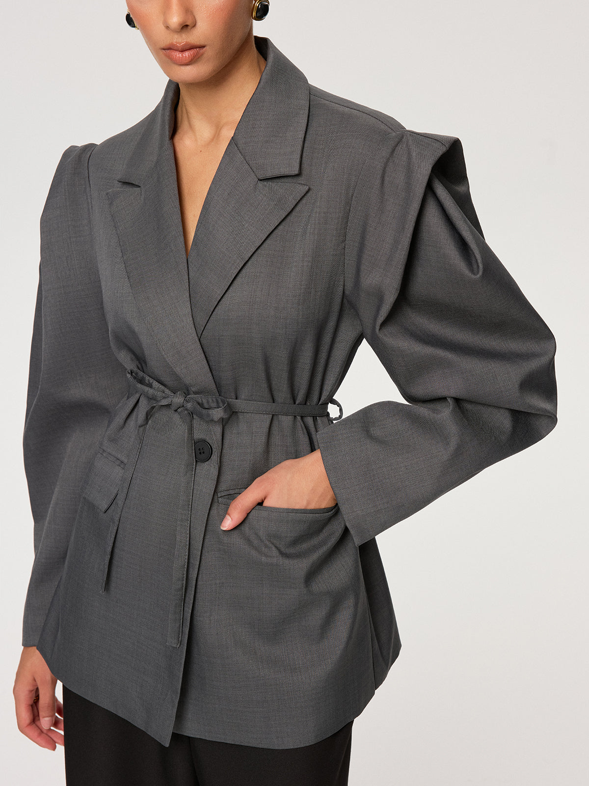 Bağcıklı Kemerli Kabarık Kollu Blazer