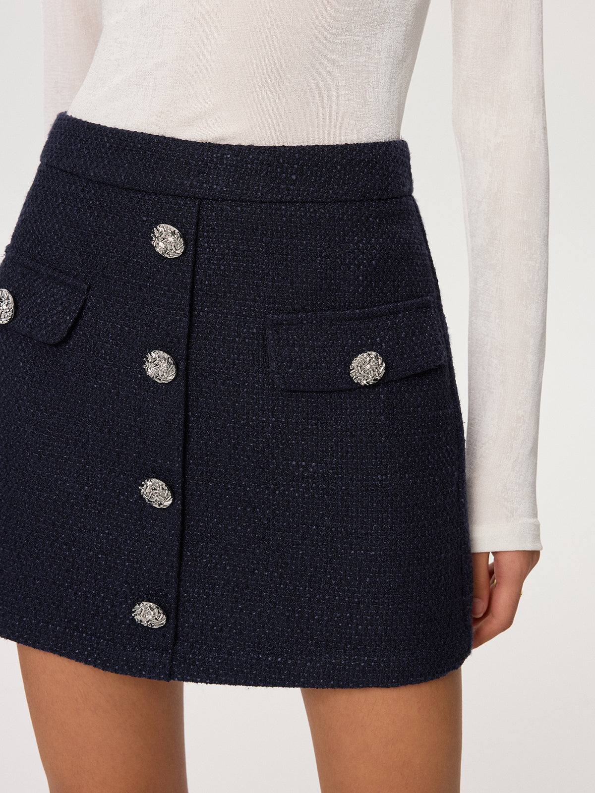 Metal Düğmeli Tweed Mini Etek