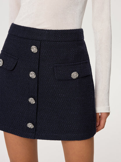 Metal Düğmeli Tweed Mini Etek