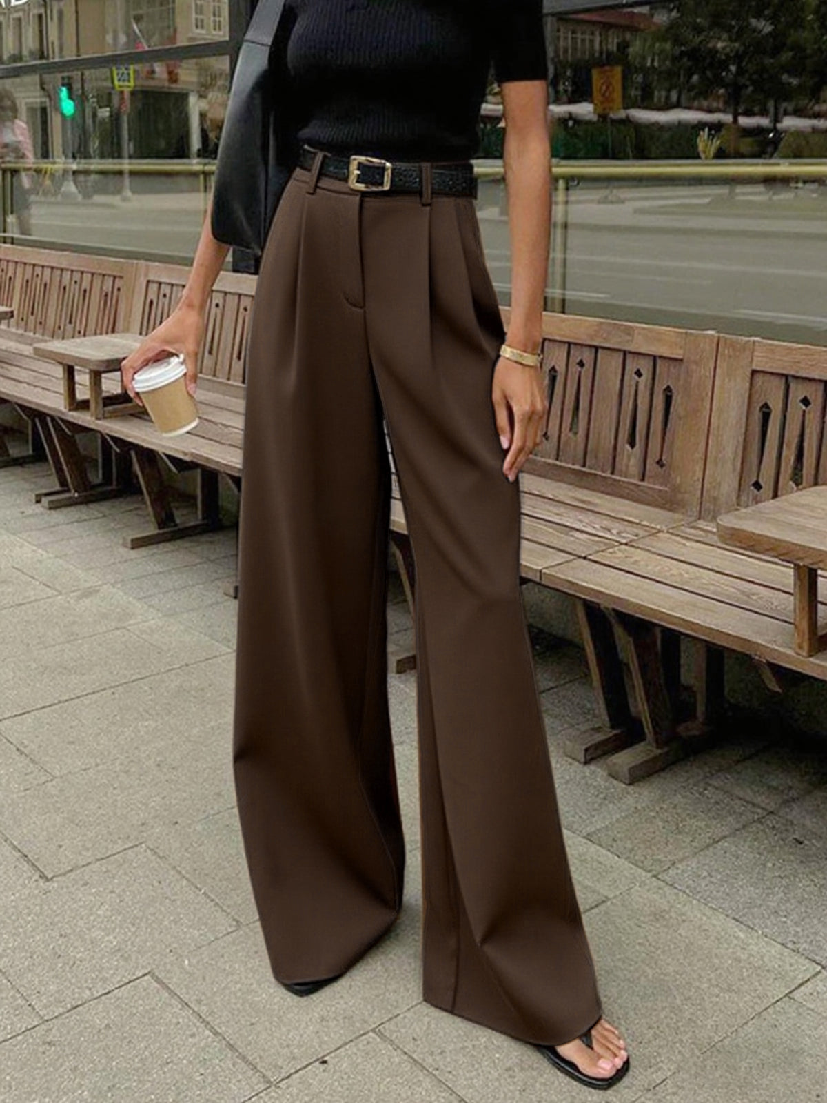 Kemersiz Düz Geniş Paça Pantolon