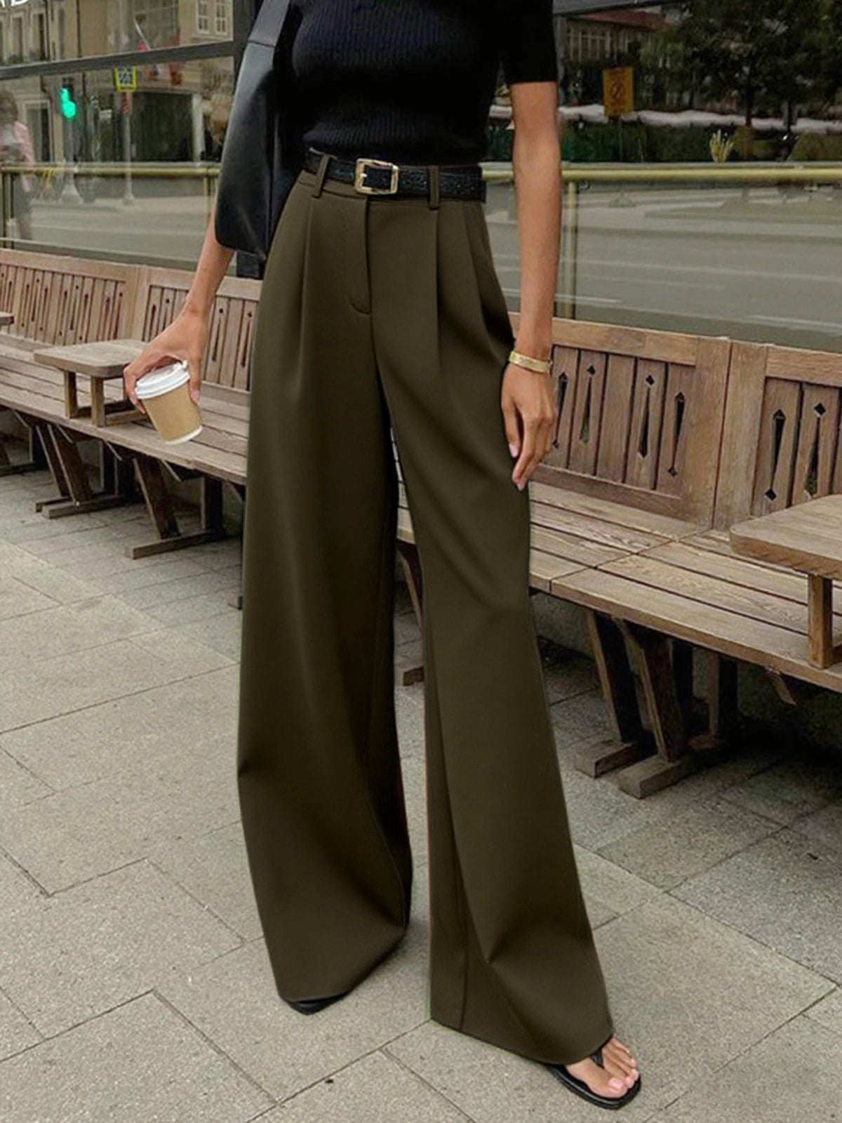 Kemersiz Düz Geniş Paça Pantolon