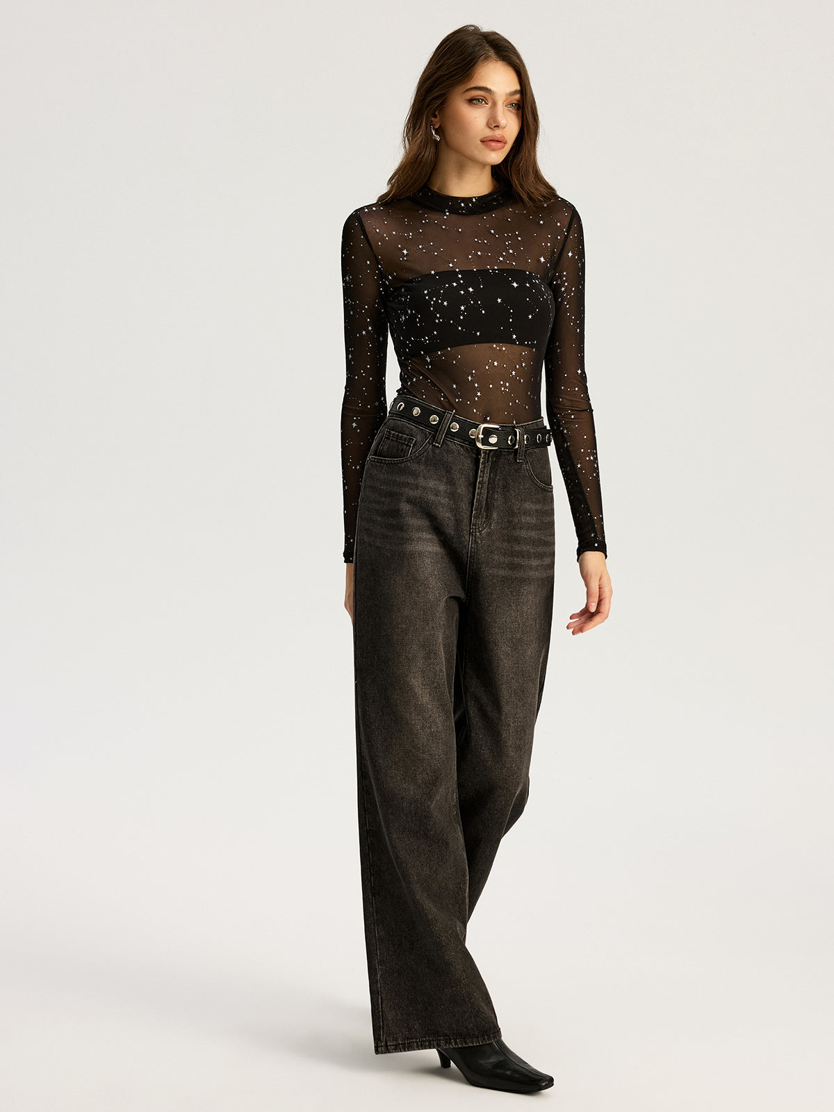 Parıltılı Yıldız Şeffaf File Uzun Kollu Bodysuit